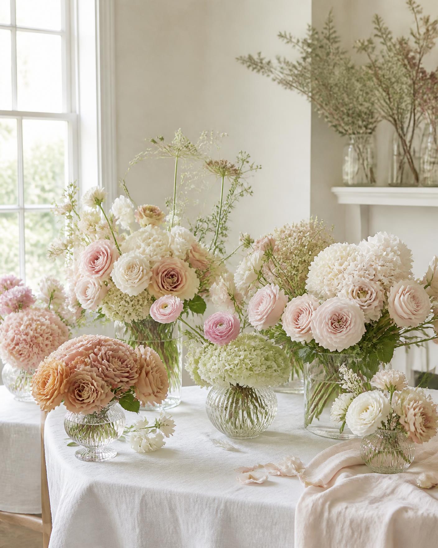 Florist studio with buckets of seasonal cream and dusty rose flowers