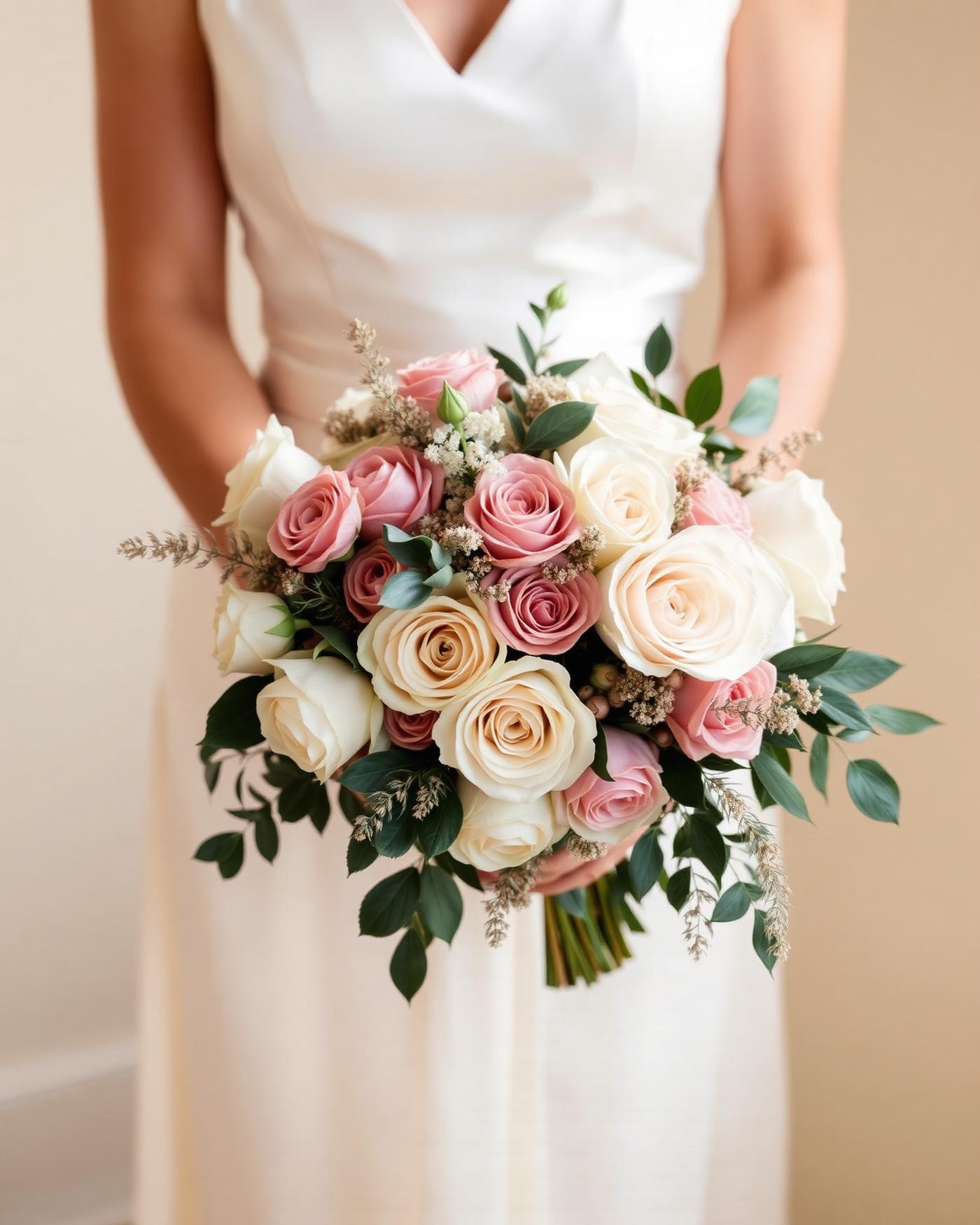 Ivory and blush bridal bouquet finished with silk ribbon