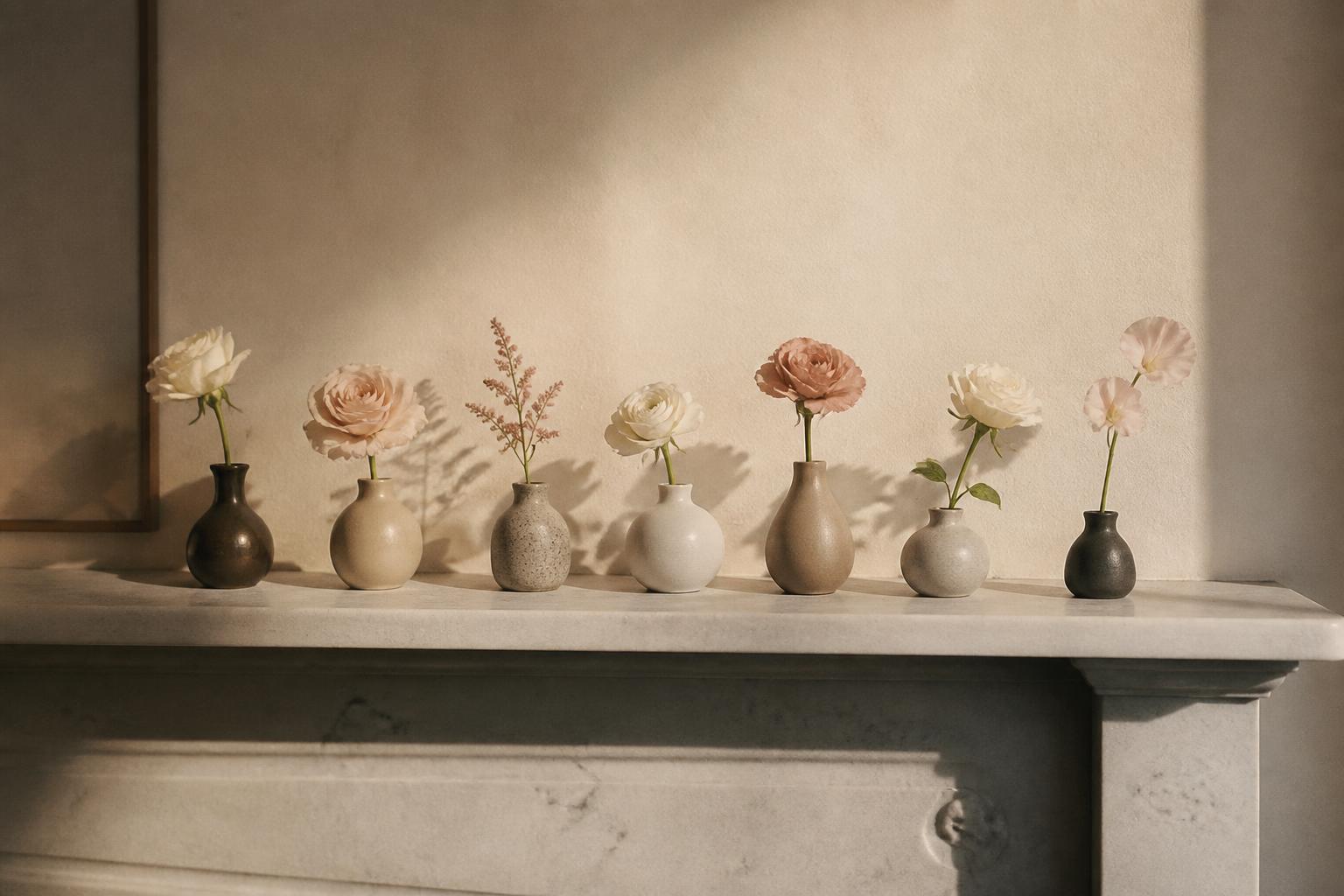 Row of bud vases with single stems along a marble mantelpiece