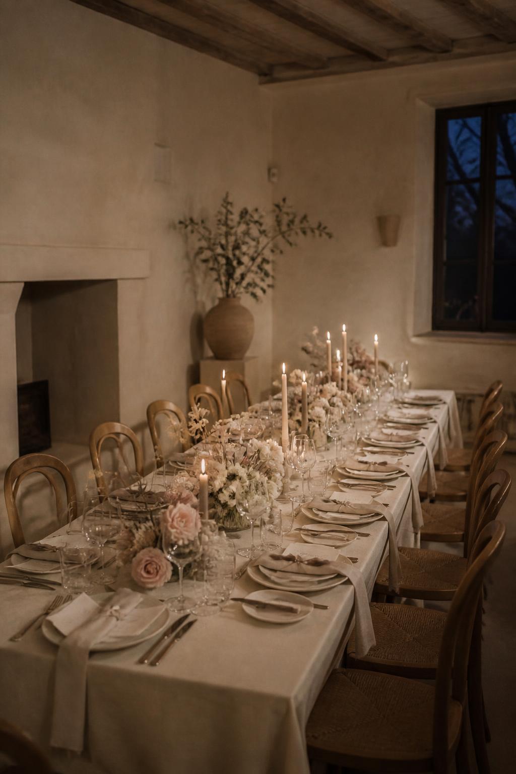 Intimate dinner table dressed with low cream flowers and taper candles