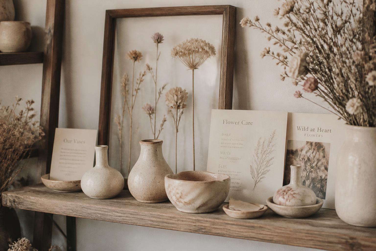 Studio shelf with handmade vessels, pressed flowers and care cards