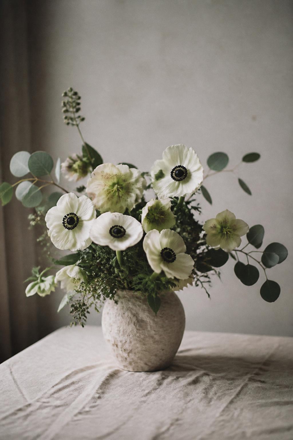 Ivory anemones and hellebore in a pale stone vessel on a linen-covered table