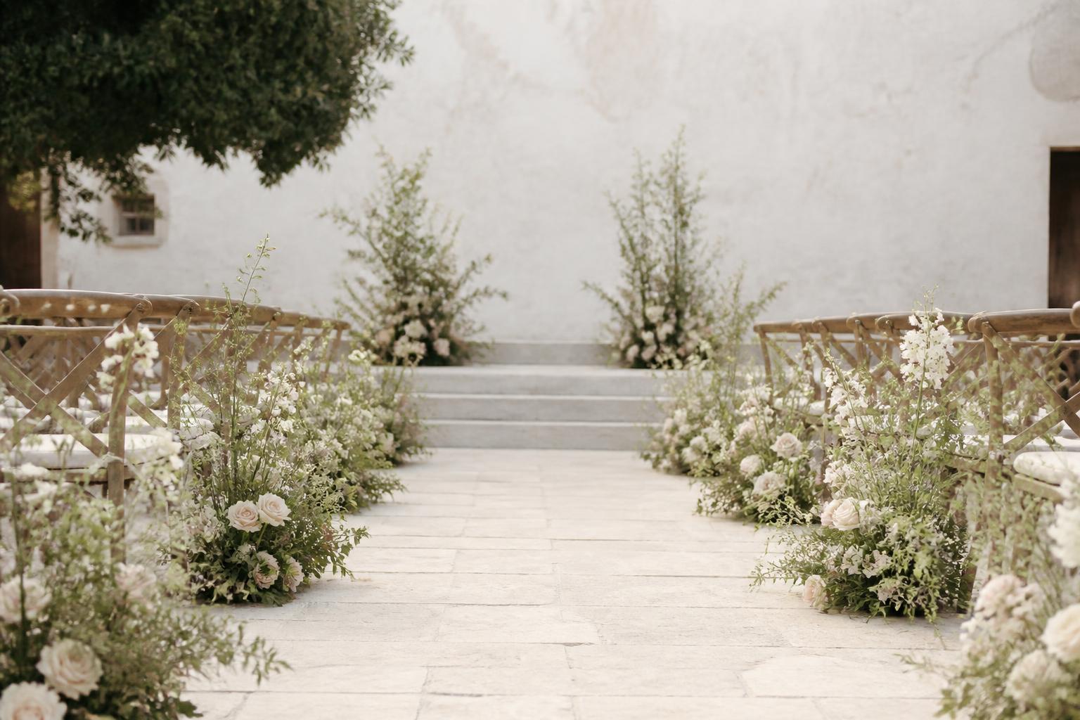 Ceremony aisle lined with sparse cream and blush floral markers