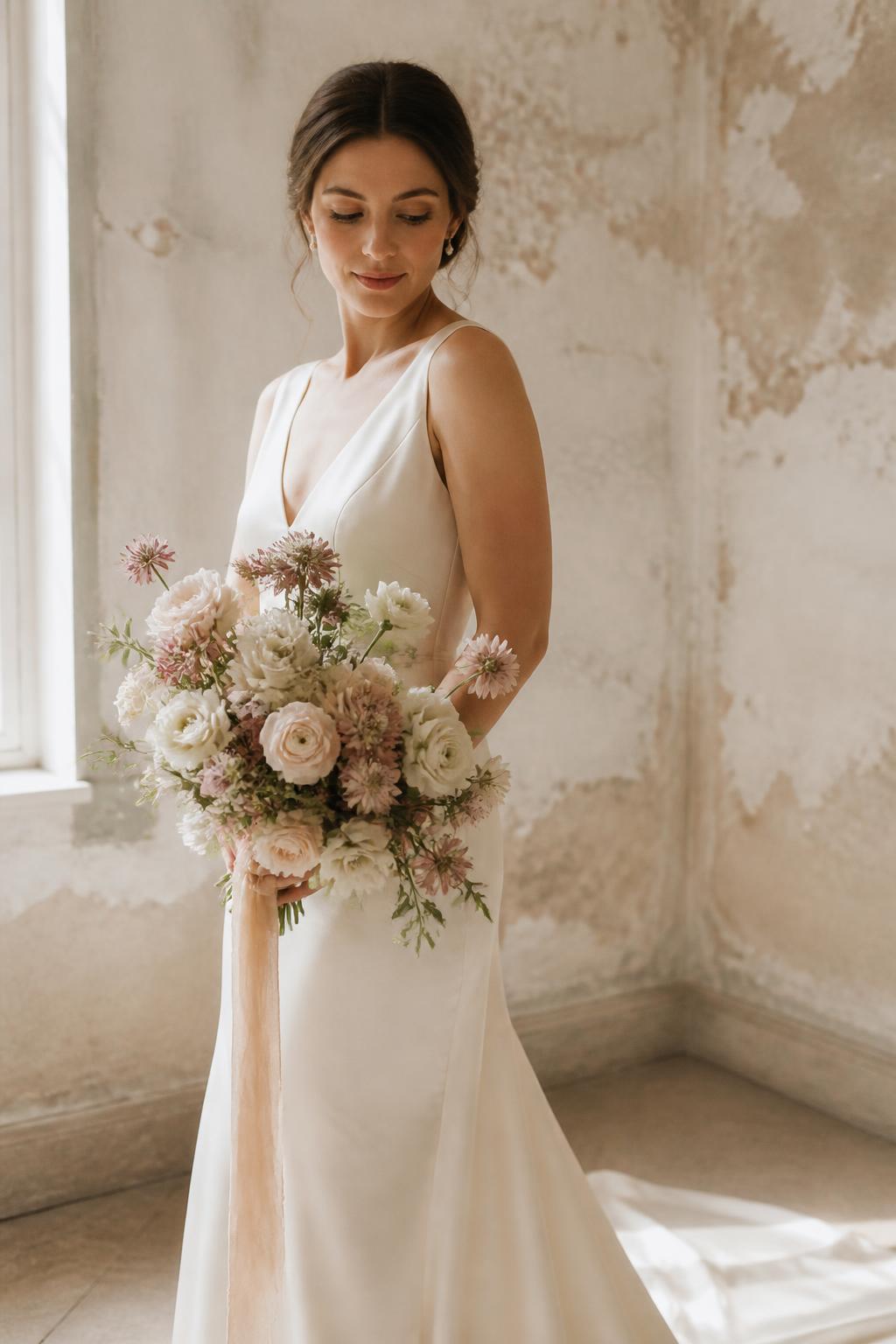 Bride in an ivory silk gown holding a loose garden-style bouquet in soft window light