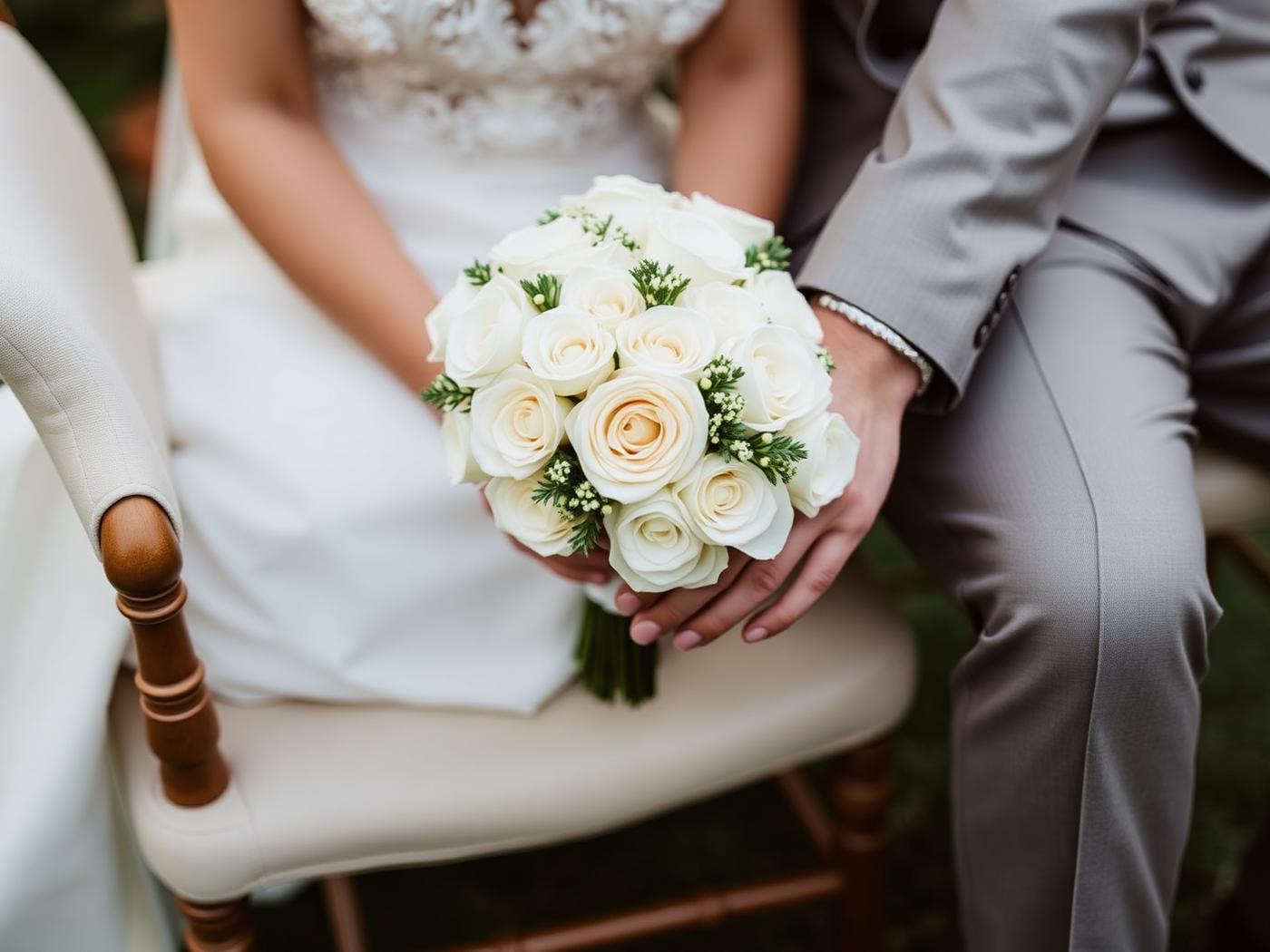 Bride and groom hands resting with a cream bouquet