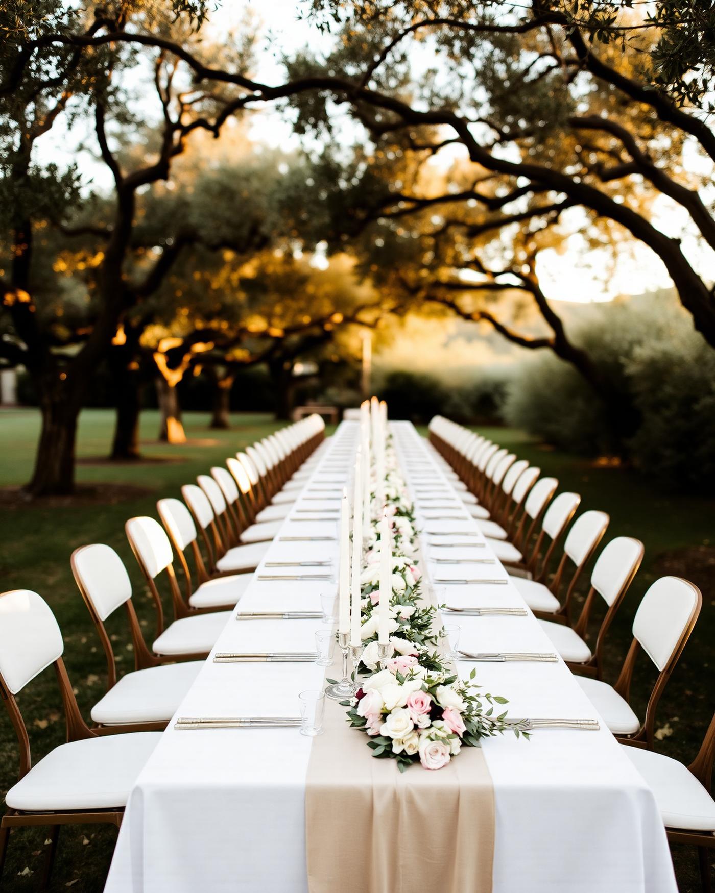 Long banquet table under olive trees at golden hour