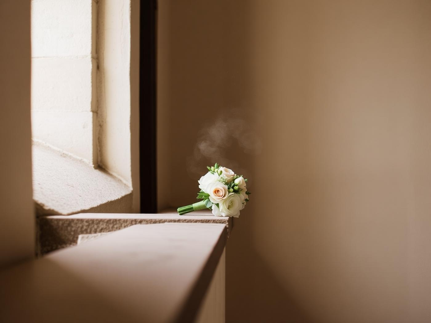 Small bouquet resting on a stone ledge in a quiet chapel